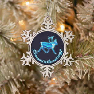 Season's Greetings - Blue Caribou (Reindeer) Snowflake Pewter Christmas Ornament