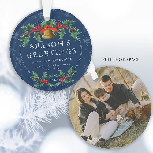 Seasons Greetings Blue Classic Custom Photo Ornament