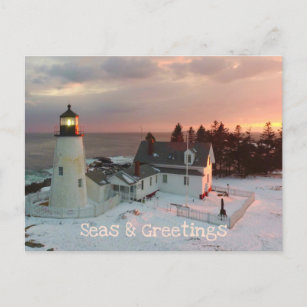 Seasons Greetings Blush Christmas Lighthouse Holiday Postcard