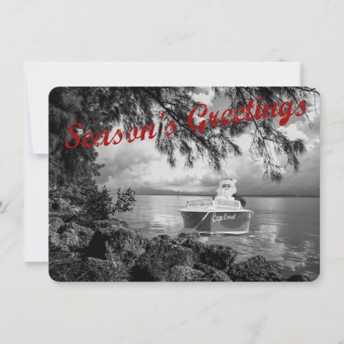 Seasons Greetings Boating Santa Flat Holiday Card