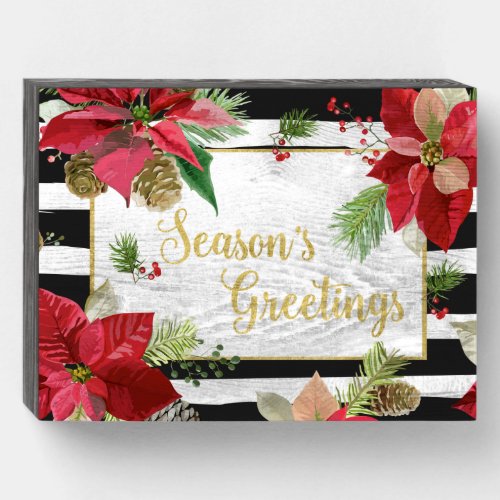 Seasons Greetings Bold Stripes Poinsettias Wooden Box Sign