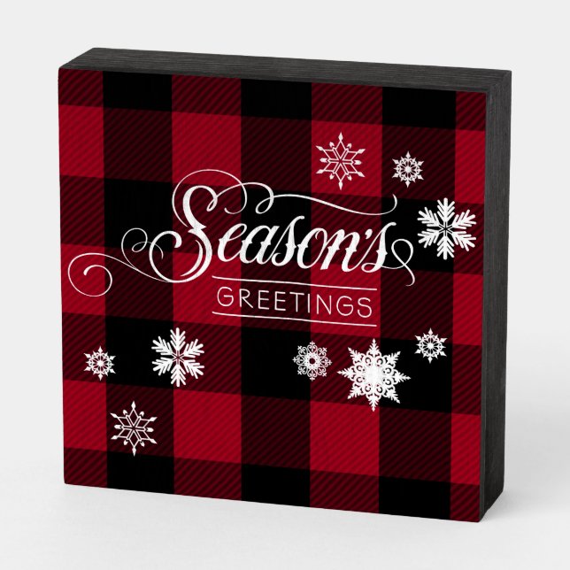 Season's Greetings Buffalo Plaid, Snowflakes Sign (Angled Horizontal)