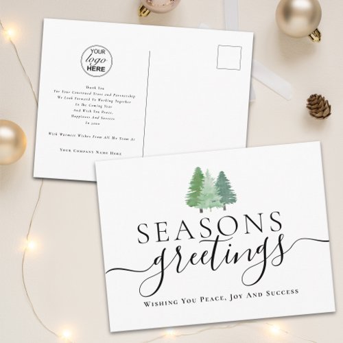 Seasons Greetings Business Logo Fir Trees Script Holiday Postcard