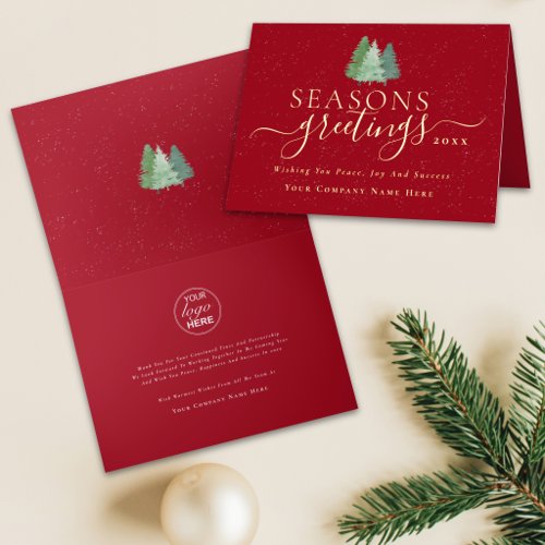 Seasons Greetings Business Logo Script Gold Foil Greeting Card