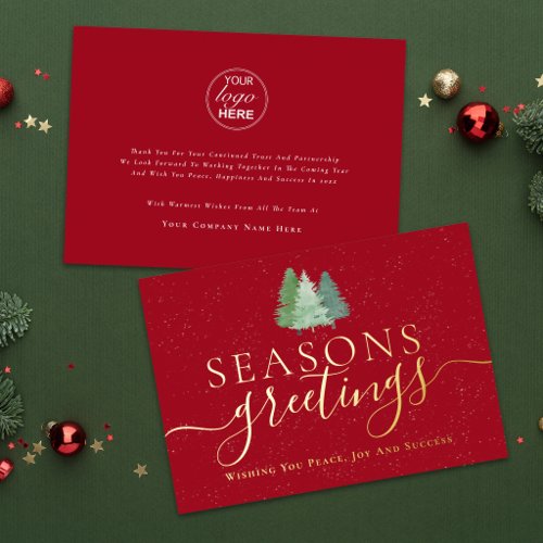 Seasons Greetings Business Logo Snowy Trees Gold Foil Holiday Card