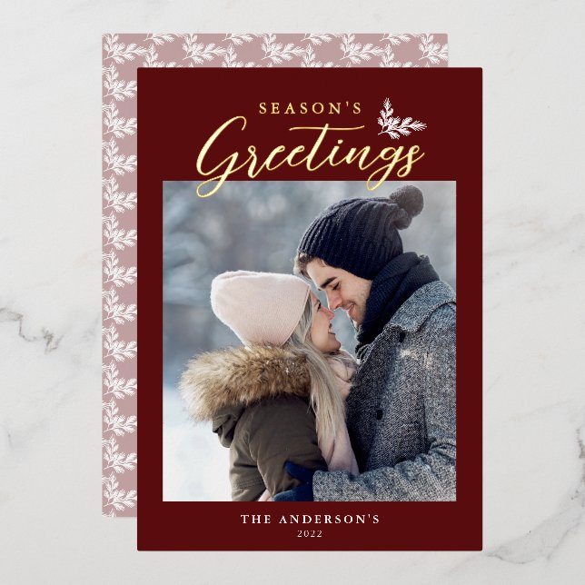 Season's Greetings Calligraphy Photo Red Gold Foil Holiday Card (Front/Back)