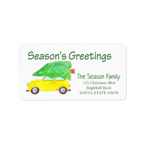 Seasons Greetings Car and Christmas tree Label