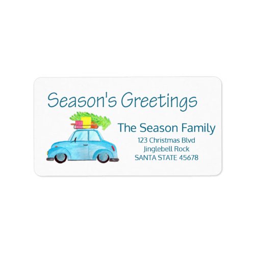 Seasons Greetings Car and Christmas tree Label