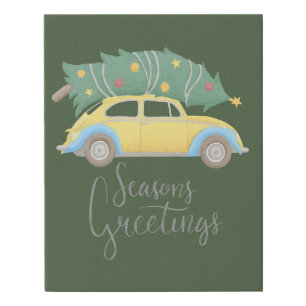 Seasons Greetings Car & Tree Faux Wrapped Canvas