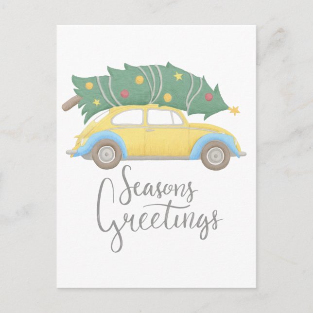 Seasons Greetings Car & Tree Holiday Postcard (Front)