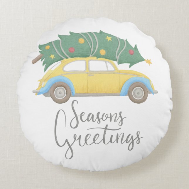 Seasons Greetings Car & Tree Round Pillow (Front)