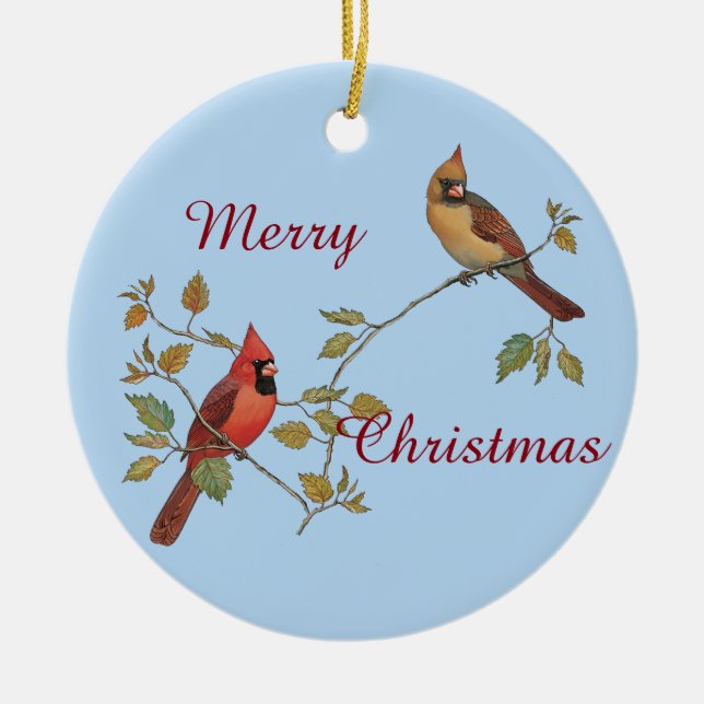 Season's Greetings Cardinals Ceramic Ornament (Front)