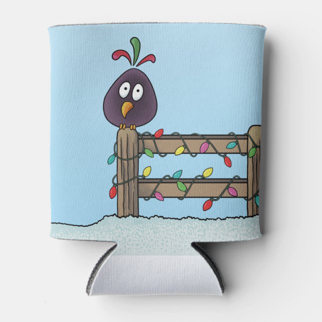 Seasons Greetings Cartoon Bird on Fence Can Cooler (Front)