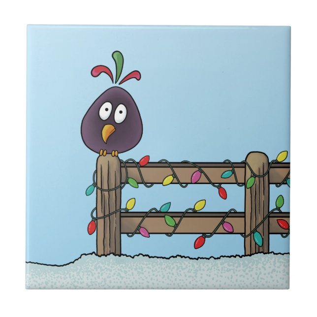 Seasons Greetings Cartoon Bird on Fence Ceramic Tile (Front)