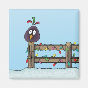 Seasons Greetings Cartoon Bird on Fence Magnet