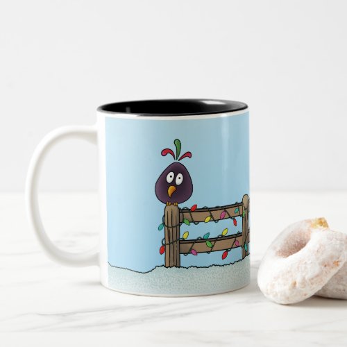 Seasons Greetings Cartoon Bird on Fence Two_Tone Coffee Mug