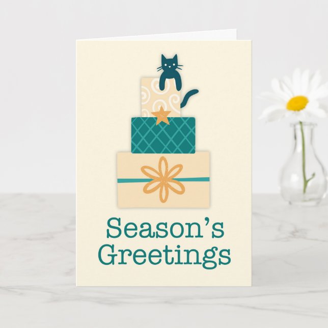 Season's Greetings Cat Gift Pile Holiday Card (Small Plant)