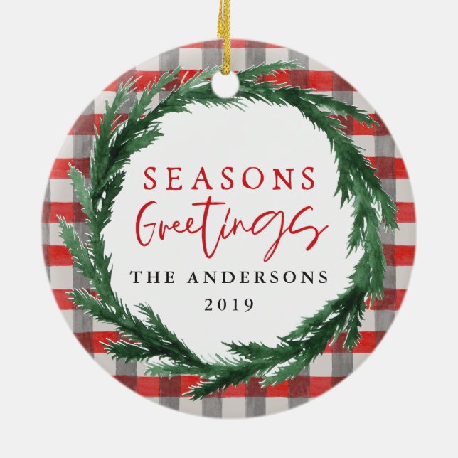Seasons greetings check + wreath Christmas photo Ceramic Ornament (Back)