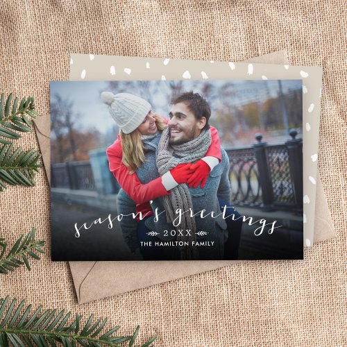 Seasons Greetings Chic Script Overlay Photo Holiday Card