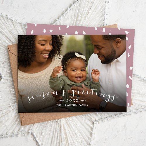 Seasons Greetings Chic Script Overlay Photo Holiday Card