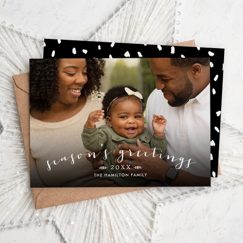 Seasons Greetings Chic Script Overlay Photo Holiday Card