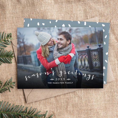 Seasons Greetings Chic Script Overlay Photo Holiday Card