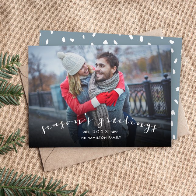 Season's Greetings Chic Script Overlay Photo Holiday Card (Creator Uploaded)