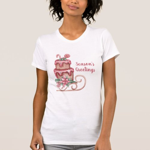 Seasons Greetings Christmas Cake On A Sleigh  T_Shirt