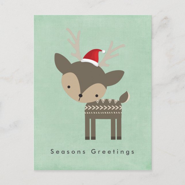 Seasons Greetings Christmas Deer In Red Santa Hat Holiday Postcard (Front)