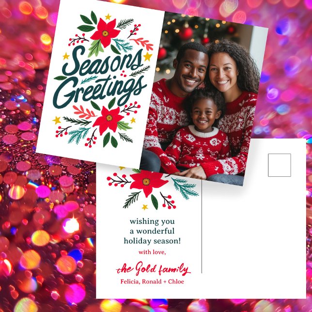 SEASONS GREETINGS Christmas Holidays CUSTOM PHOTO Postcard (SEASONS GREETINGS Christmas Holidays Hand Drawn Botanical Foliage Poinsettia CUSTOM PHOTO Postcard
)