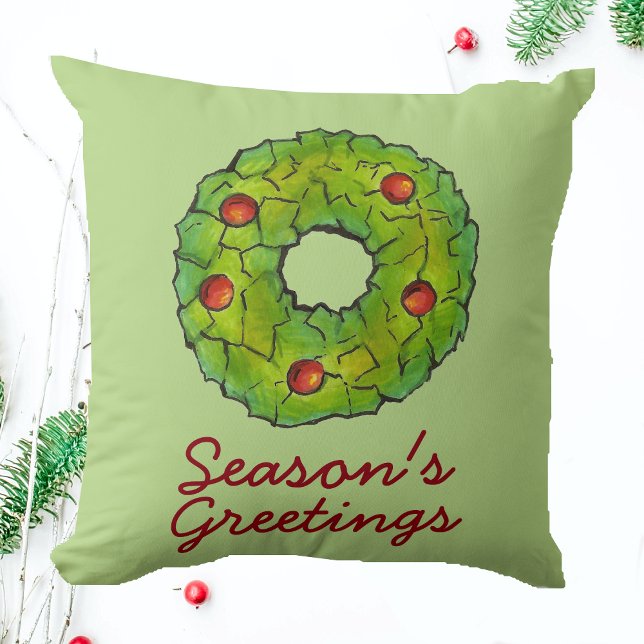 Season's Greetings Christmas Holly Wreath Cookie Throw Pillow (Wreath pillow)