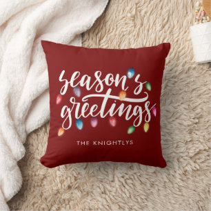 Seasons Greetings Christmas Lights Name Red Throw Pillow