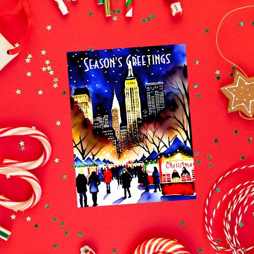 Seasons greetings Christmas night market New York Postcard