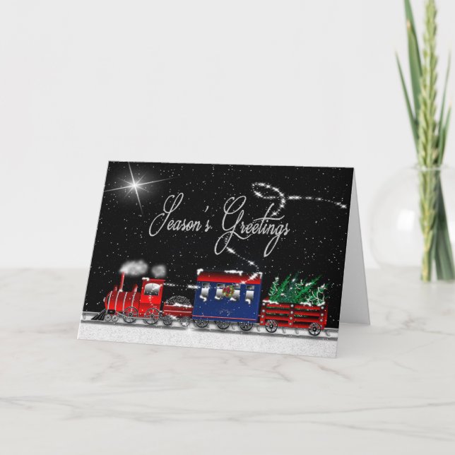 Season's Greetings (Christmas) - Snowy Night-Train Holiday Card (Front)