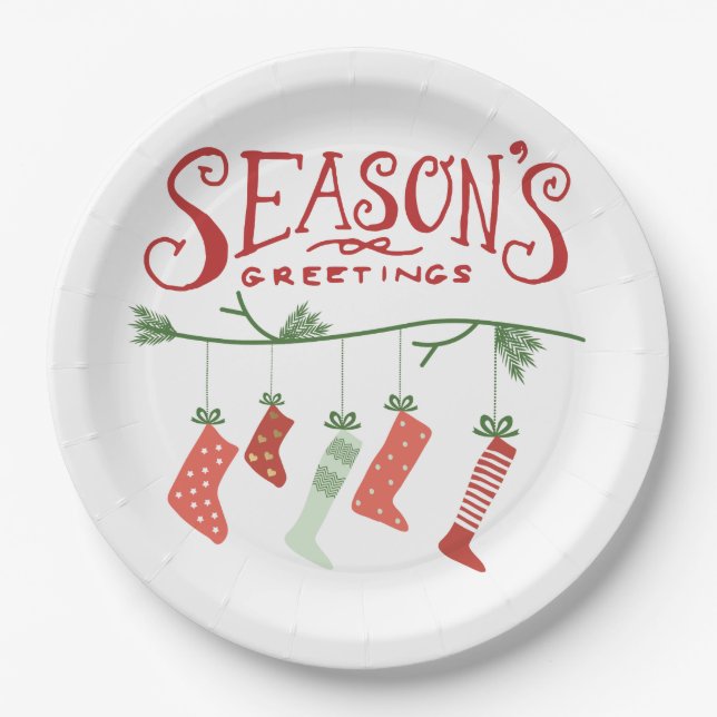 Season's Greetings & Christmas Stockings Paper Plates (Front)
