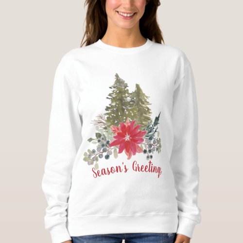 Seasons Greetings Christmas Tree and Poinsettia Sweatshirt