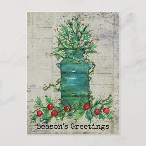 Seasons Greetings Christmas Tree Milk Can Collage Postcard