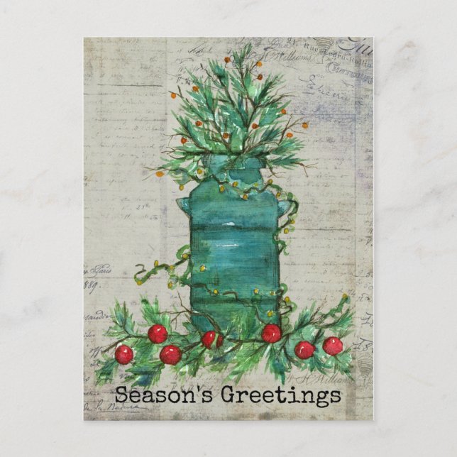Season's Greetings Christmas Tree Milk Can Collage Postcard (Front)