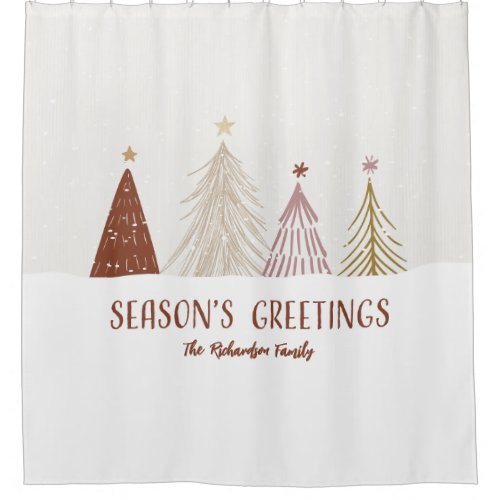 Seasons Greetings Christmas Trees Family Name Chic Shower Curtain