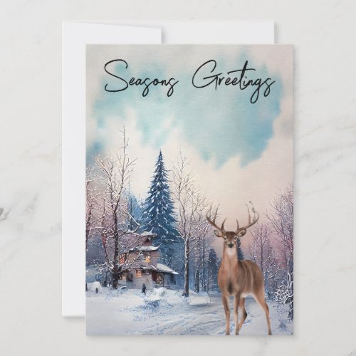 Seasons Greetings Christmas Winter Deer Landscape Holiday Card