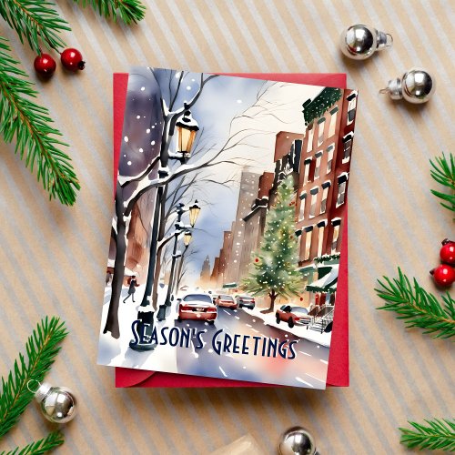 Seasons greetings Christmas winter street New York Postcard
