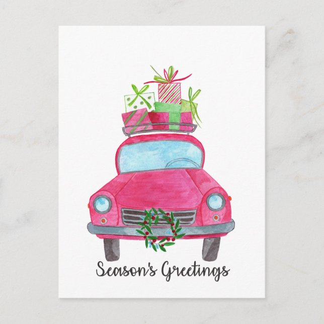 Season's Greetings Classic Car Watercolor Postcard (Front)