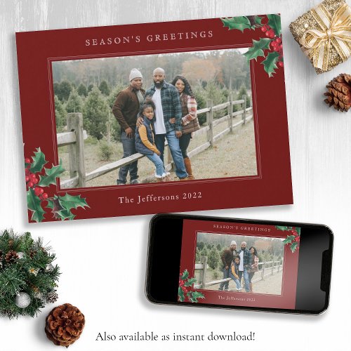 Seasons Greetings Classic Holly Red Christmas  Card