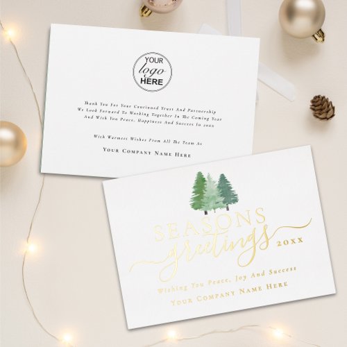 Seasons Greetings Company logo Elegant Script Gold Foil Holiday Card