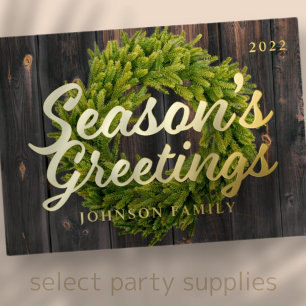 Season's Greetings Country Rustic Pine Wreath Wood Foil Holiday Card