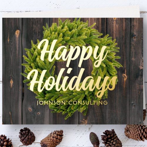 Seasons Greetings Country Rustic Pine Wreath Wood Foil Holiday Card