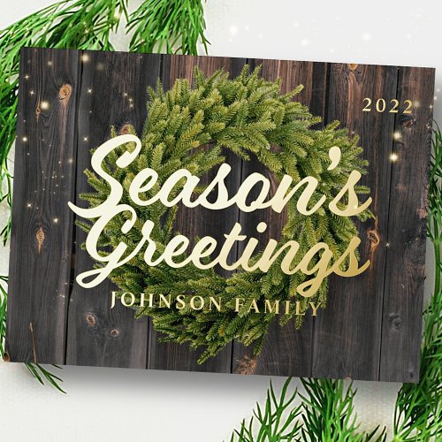 Seasons Greetings Country Rustic Pine Wreath Wood Foil Holiday Postcard