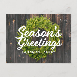 Season's Greetings Country Rustic Pine Wreath Wood Holiday Postcard