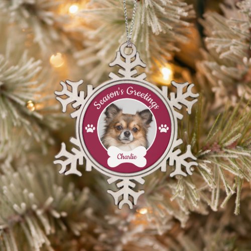 Seasons Greetings Cute Dog Photo with Name Paws Snowflake Pewter Christmas Ornament