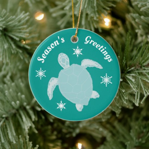 Seasons Greetings Cute Xmas Turtle Personalized Ceramic Ornament